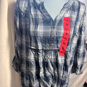 Wrangler Blue Plaid Button-Up Blouse